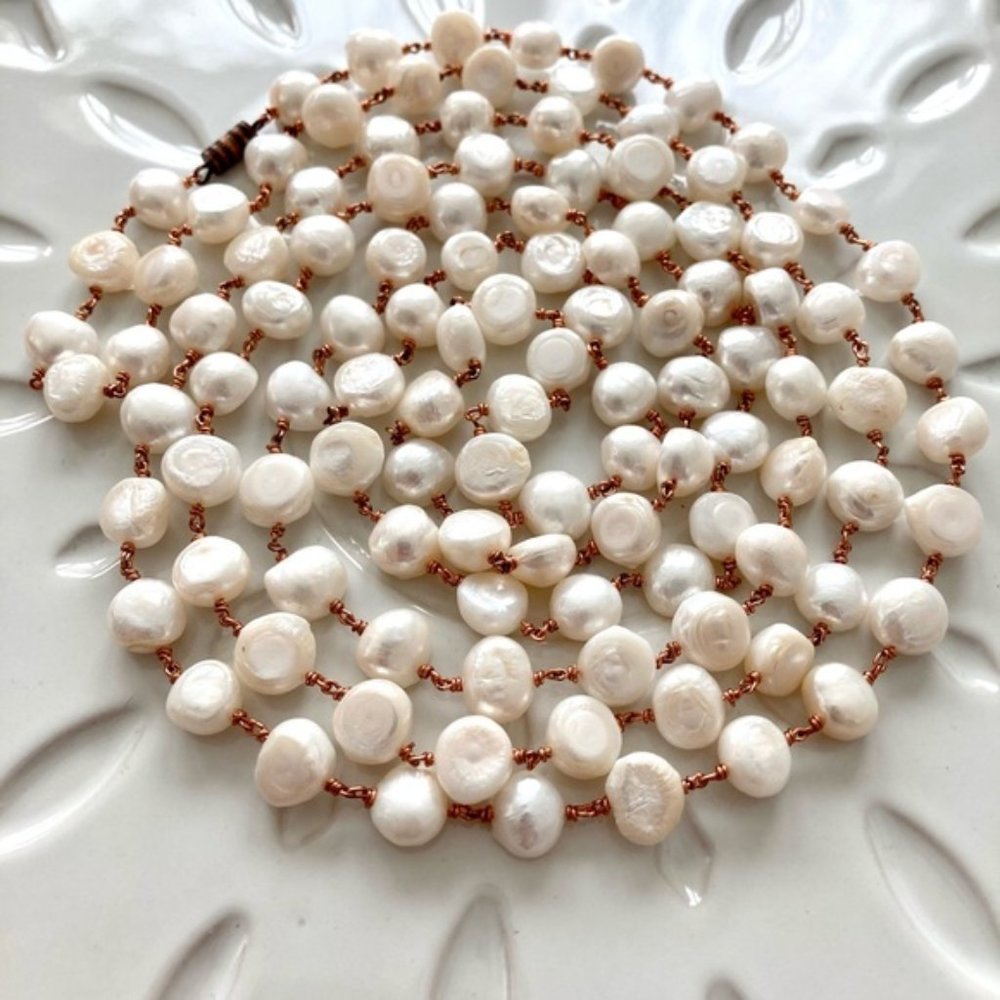 Freshwater Ivory Pearl Wire Wrapped Copper Wire Multi Length Wrap Necklace